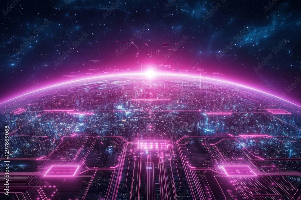 Obraz premium Futuristic Cityscape with Neon Lights and Digital Circuit Design