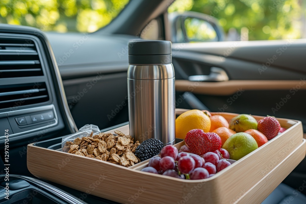 Healthy Snack and Drink Setup on Car Dashboard for Road Trip