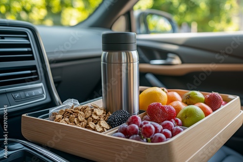 Obraz na płótnie Healthy Snack and Drink Setup on Car Dashboard for Road Trip w salonie