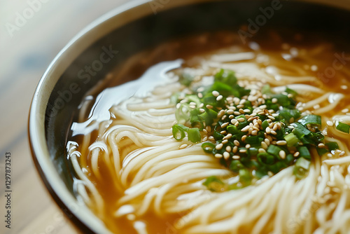 Delicious and comforting bowl of Japanese somen noodle soup close up