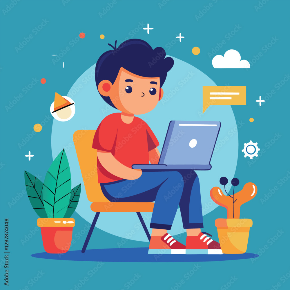 a boy is using his laptop vector a boy is using his laptop vector