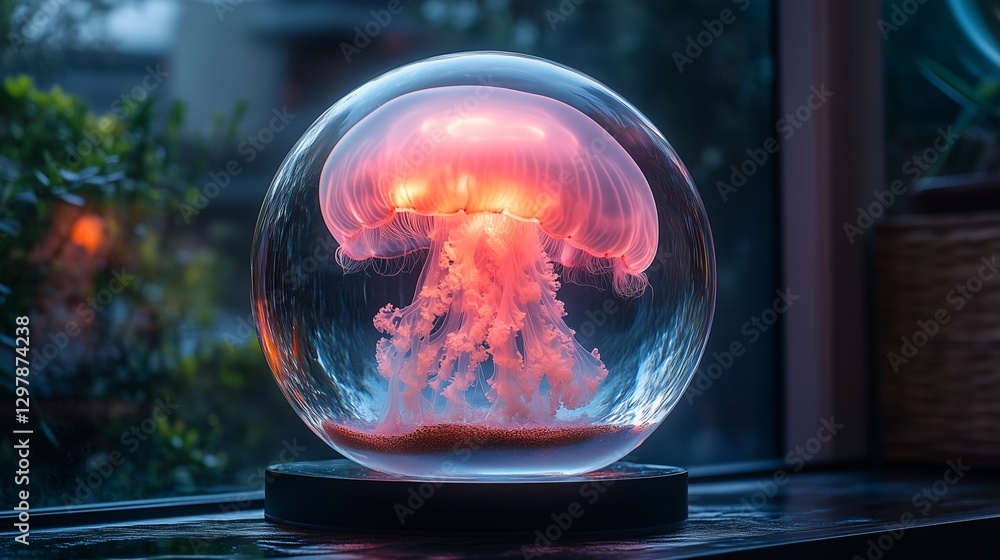 Bioluminescent jellyfish glowing in modern spherical aquarium. Generative ai ilustration Bioluminescent jellyfish glowing in modern spherical aquarium. Generative ai ilustration