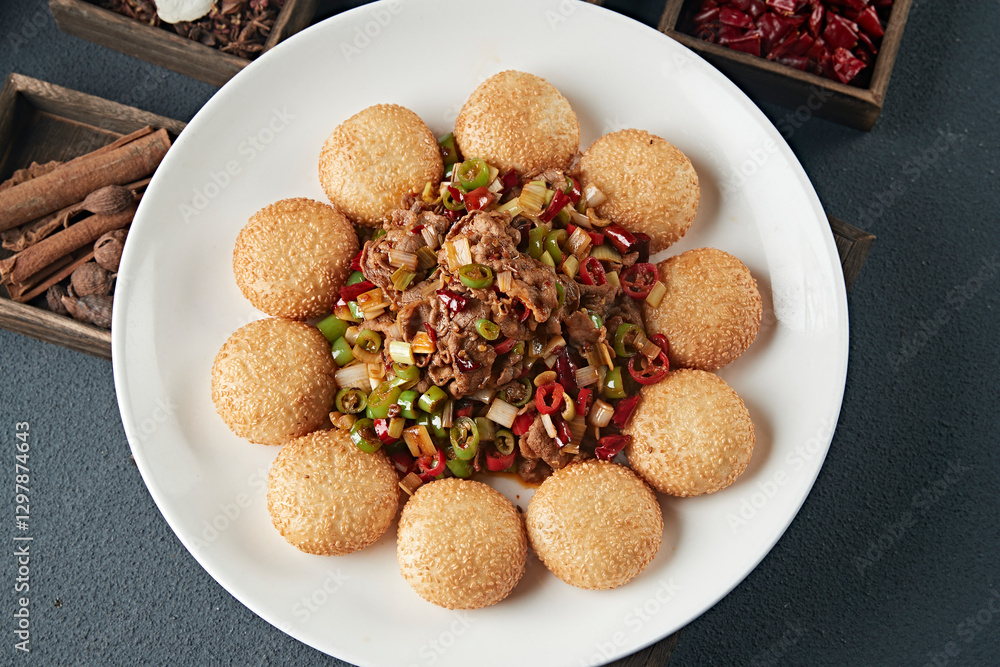 Fototapeta premium Sesame Guokui with Spicy Fried Beef