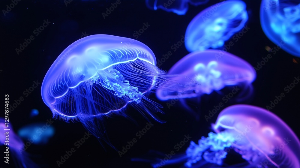 Bioluminescent jellyfish floating in dark aquarium with neon lights. Generative ai ilustration Bioluminescent jellyfish floating in dark aquarium with neon lights. Generative ai ilustration