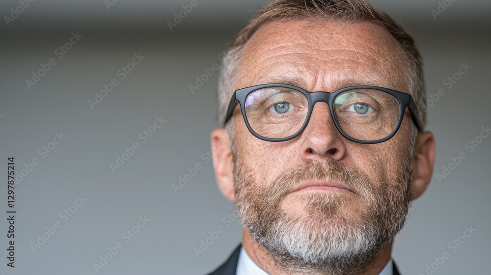 Fototapeta premium Serious middle-aged man portrait, grey background (2)