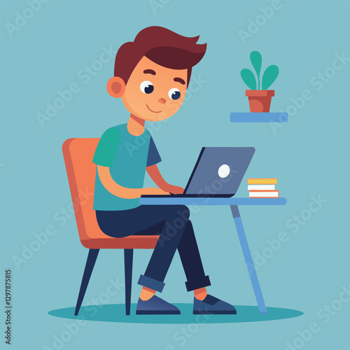 a boy is using his laptop vector