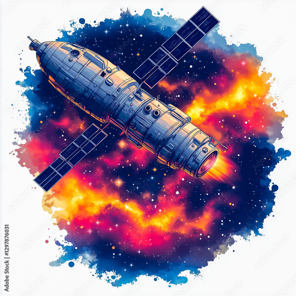 Fototapeta premium Colorful logo of a space satellite in the vast expanses of space. Print for the design of booklets, clothes