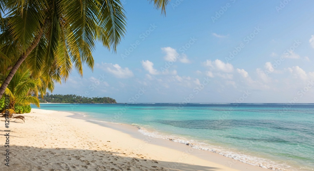 Obraz premium This coastal landscape features palm trees, a white sandy beach, and calm turquoise water under a clear blue sky, creating a perfect vacation scene