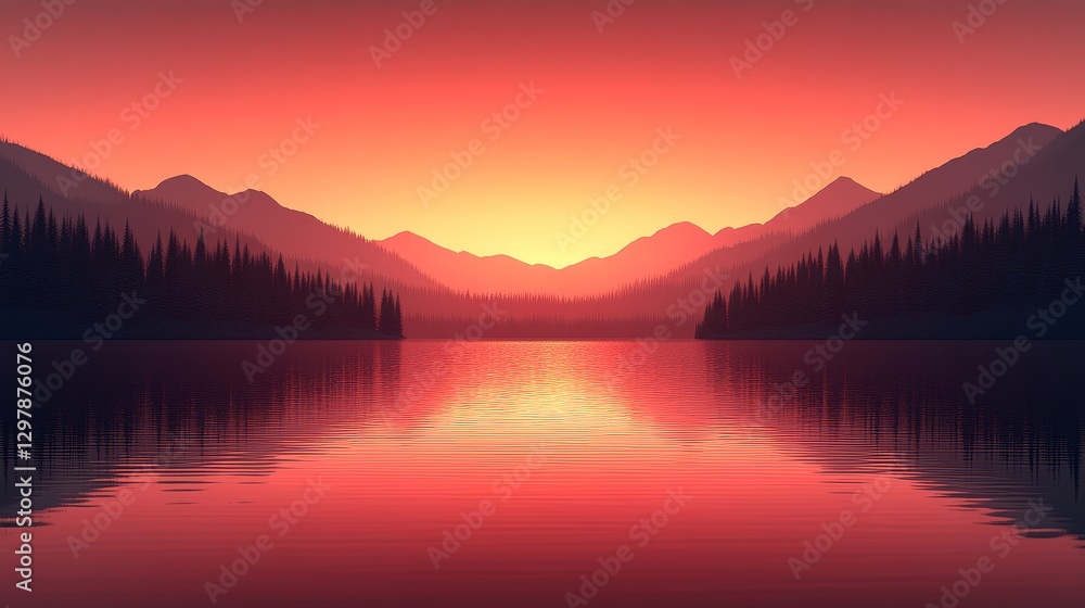 Pixelated mountain range over tranquil lake reflects fiery sunset hues evokes nature's captivating scenic charm in digital low resolution art Pixelated mountain range over tranquil lake reflects fiery sunset hues evokes nature's captivating scenic charm in digital low resolution art