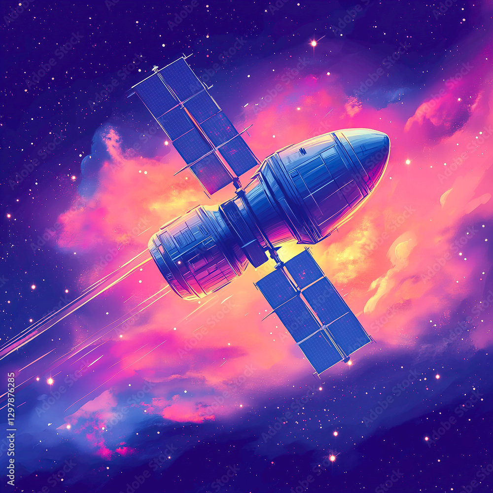 Colorful logo of a space satellite in the vast expanses of space. Print for the design of booklets, clothes Colorful logo of a space satellite in the vast expanses of space. Print for the design of booklets, clothes