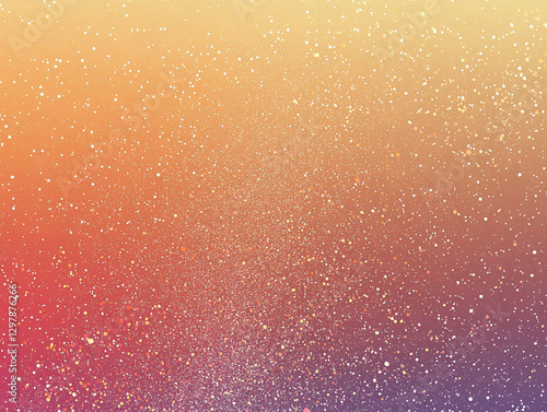 A vibrant gradient background transitions from hues of orange to purple, scattered with sparkling glitter, evoking a festive mood