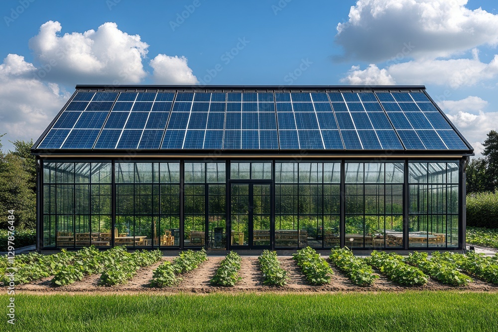 A modern greenhouse with solar panels, surrounded by lush greenery and crops, under a bright blue sky with fluffy clouds. A modern greenhouse with solar panels, surrounded by lush greenery and crops, under a bright blue sky with fluffy clouds.