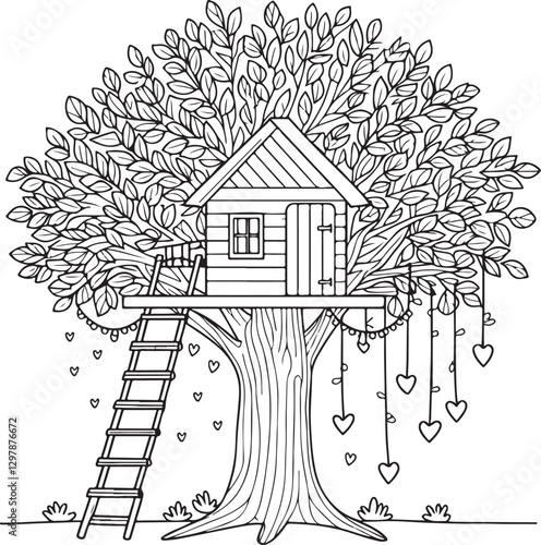 Treehouse Kids, adults coloring page book art, line art illustration coloring book 