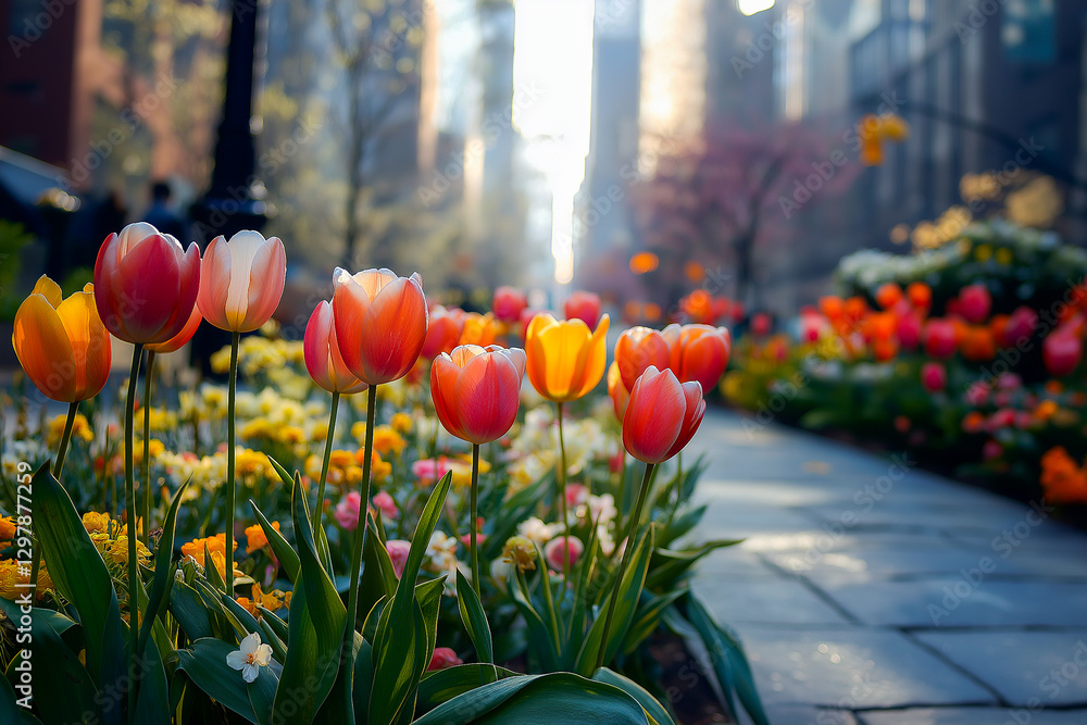 Fototapeta premium Urban landscape in spring colors with beautiful flowering trees