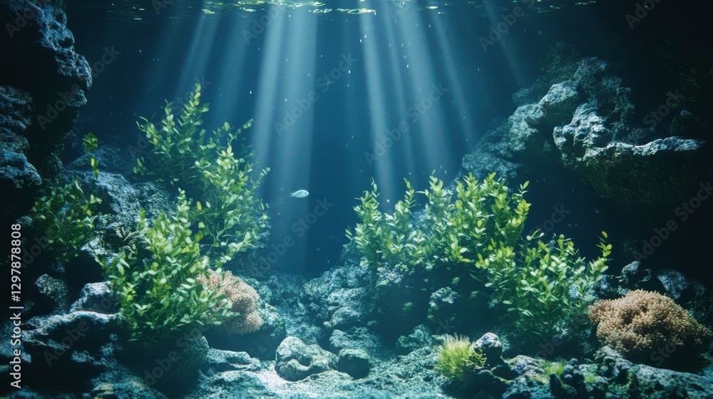 Fototapeta premium Vibrant Underwater Landscape with Thriving Plants and Corals