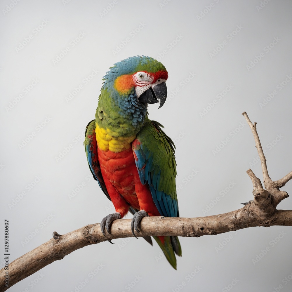Obraz premium A majestic parrot with vibrant feathers, perched on a branch against a pure white background.