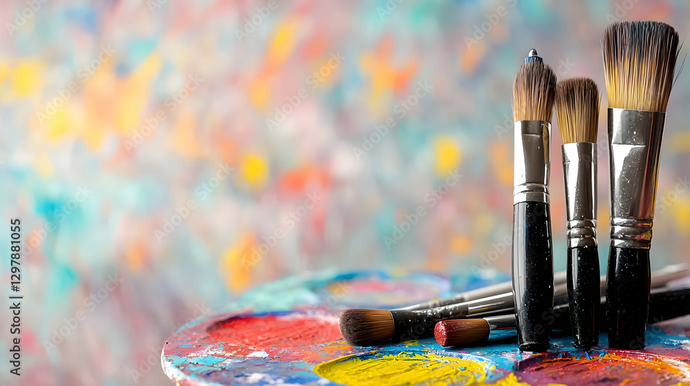 Obraz premium Close Up Of Paintbrushes And Palette With Colorful Paint Splatters