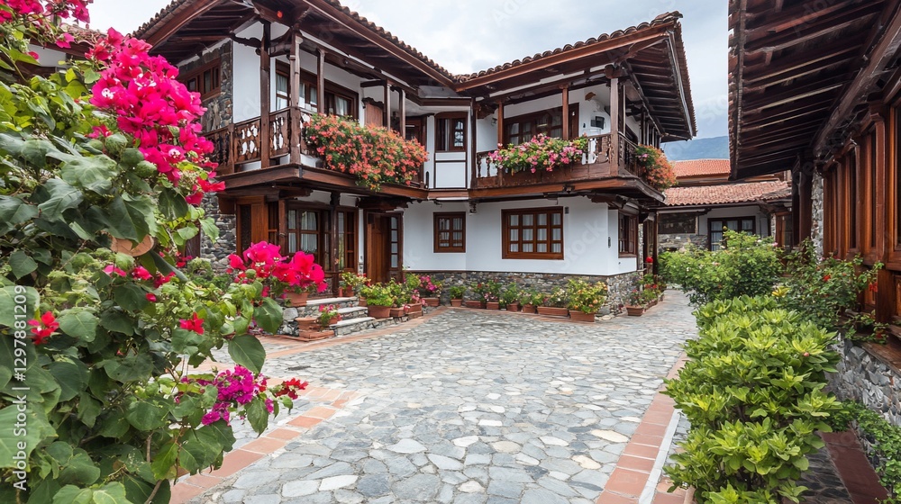 Obraz premium Charming courtyard with colorful flowers, historic buildings, and mountain view