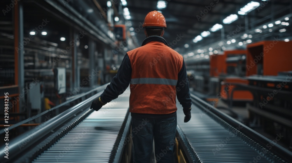 custom made wallpaper toronto digitalThe Overseer: An industrial worker, adorned in an orange vest and hard hat, surveys the assembly line in a sprawling factory, his focused gaze suggesting dedication and expertise.