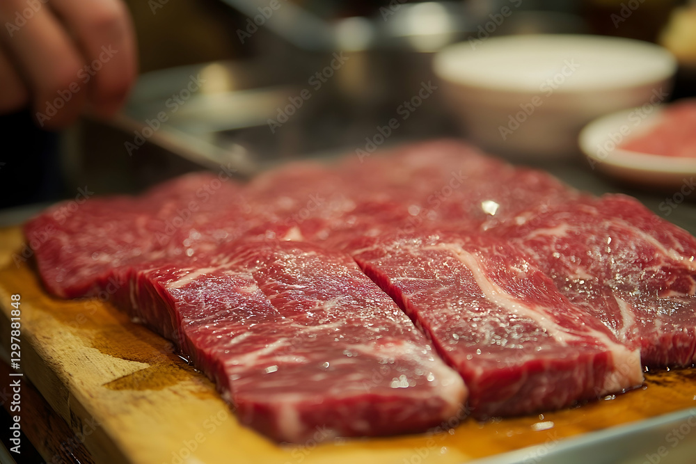 Close-up of raw marbled beef slices on a wooden board, ready for grilling in a restaurant or home setting Close-up of raw marbled beef slices on a wooden board, ready for grilling in a restaurant or home setting