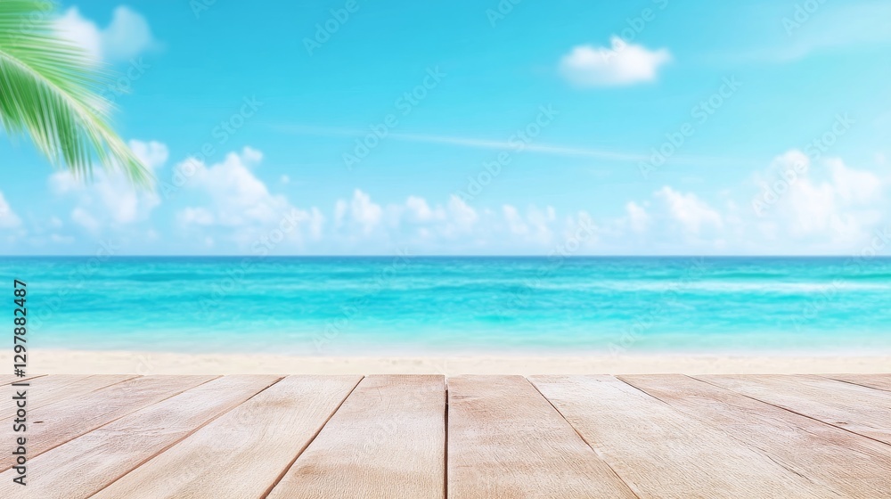 Fototapeta premium empty wooden desk in the foreground, blurred sea in the background