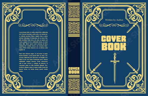 018-13-Ornate cover book design with swords and golden frame on blue background, perfect for fantasy or historical novels. Hand drawn Illustration