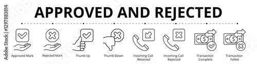 Approved and Rejected Line Banner Web Icon Set Vector Illustration, Approved Mark Rejected Mark Thumb Up Thumb Down Incoming Call Received Incoming Call Rejected Transaction Complete Failed