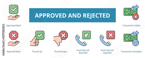 Approved and Rejected Lineal Color Banner Web Icon Set Vector Illustration, Approved Mark Rejected Mark Thumb Up Thumb Down Incoming Call Received Incoming Call Rejected Transaction Complete Failed