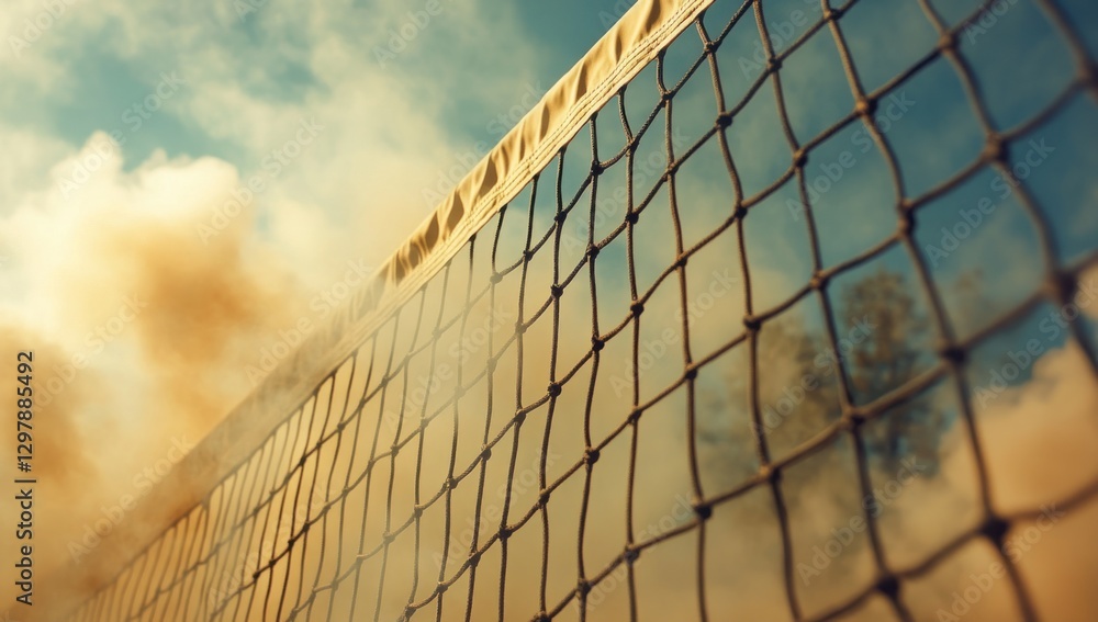Volleyball net close-up with hazy sunset sky. Volleyball net close-up with hazy sunset sky.