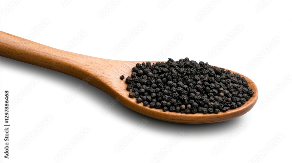 Closeup of black peppercorns in a wooden spoon, culinary delight closeup Closeup of black peppercorns in a wooden spoon, culinary delight closeup