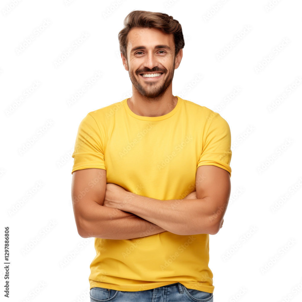 A man in a yellow shirt is smiling and crossing his arms. isolated on transparent background A man in a yellow shirt is smiling and crossing his arms. isolated on transparent background