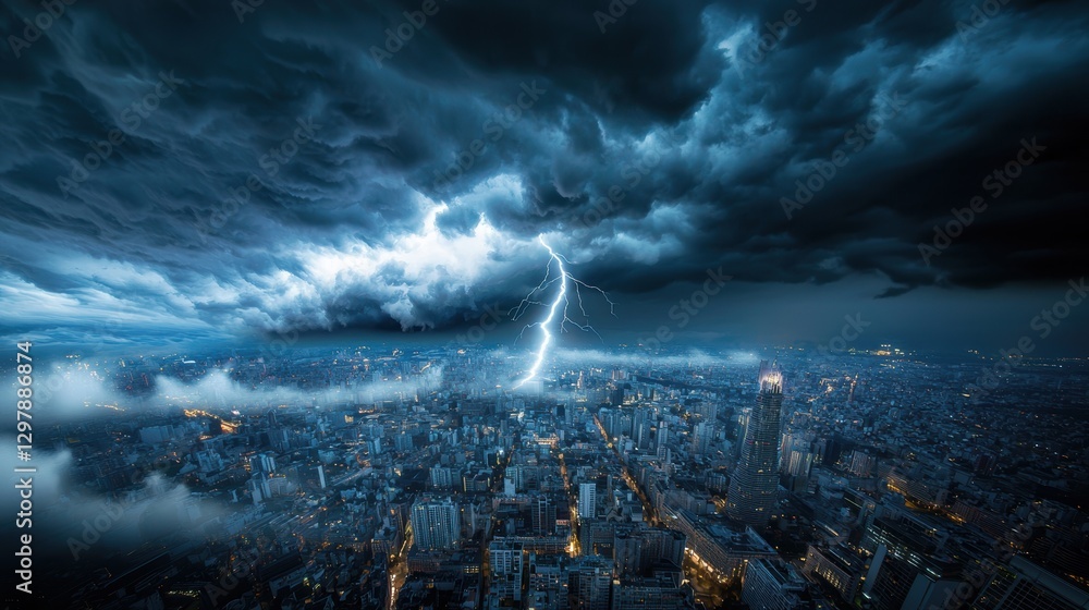 Fototapeta premium A cityscape shrouded in dark, stormy clouds, with flashes of lightning illuminating the buildings and creating a sense of unease and anticipation.