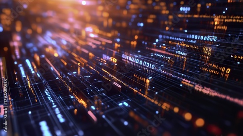 Abstract Coding Concept Depicted by Glowing Lines, Symbols and Gradient Lighting with Atmospheric Background