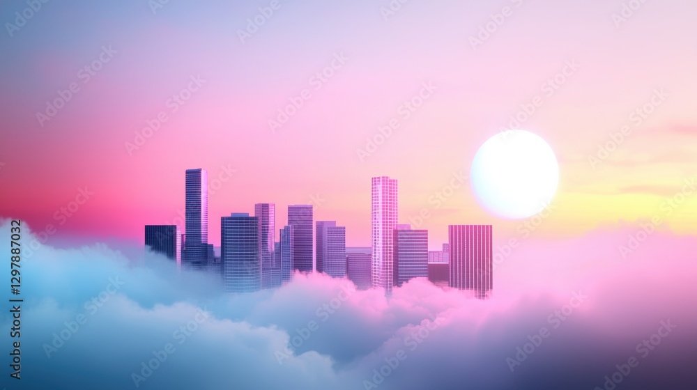 Fototapeta premium A city skyline gradually emerging from the darkness as the sky lightens with the colors of dawn, with soft clouds reflecting the pastel hues and creating a sense of hope.