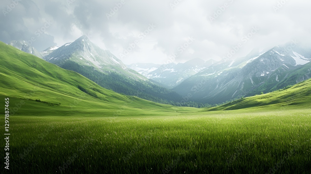 Fototapeta premium Serene Green Valley Landscape with Mountain Range Under Cloudy Sky
