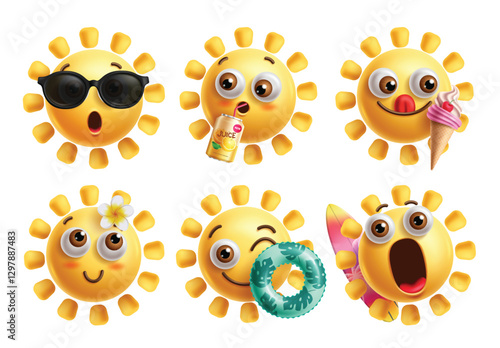 Sun emojis characters clipart set. Summer emoji face clip art with happy, cool, drinking, cute smiling hot sun emoticon collection vector illustration.
