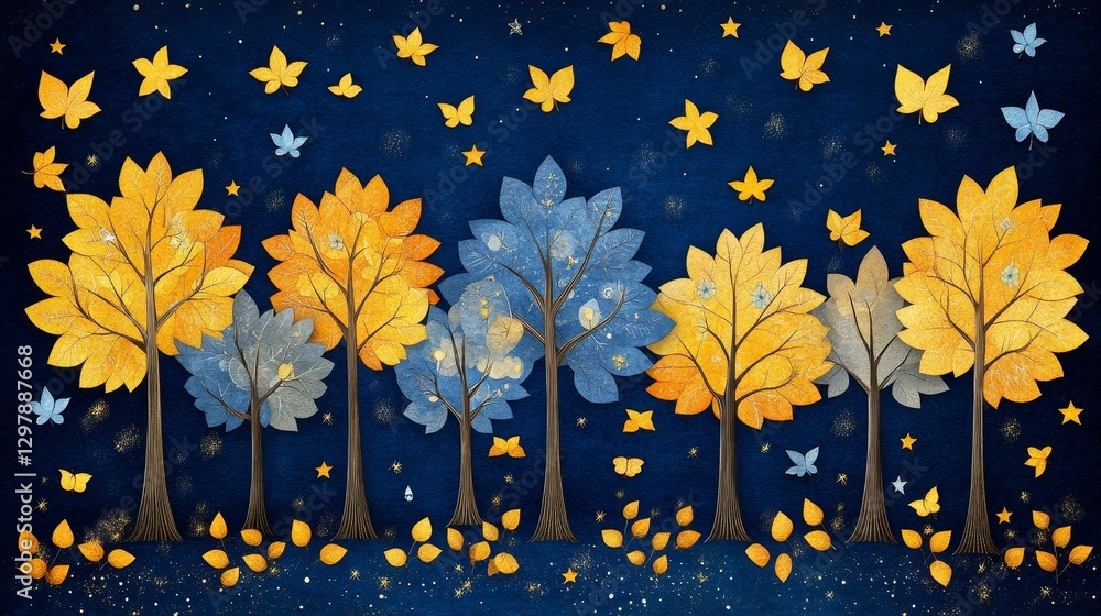 Fototapeta premium Autumnal Equinox dreamscape with a starry sky and stylized foliage creating a serene seasonal background landscape artwork