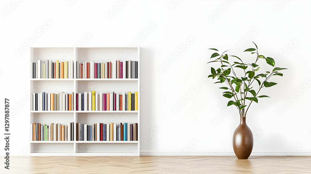 Fototapeta premium White Bookshelf With Books And Brown Vase With Green Plant On White Wall With Wooden Floor