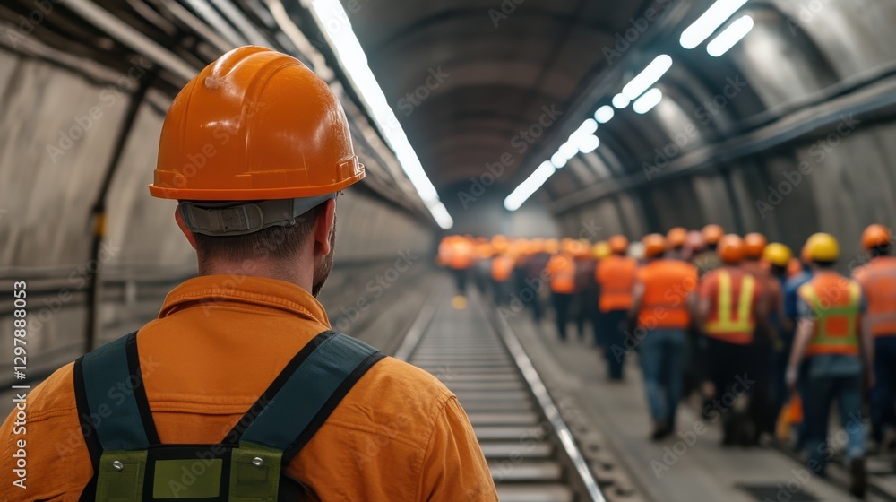 Orange-helmeted workers walk through a dimly lit tunnel, their bright attire creating a lively contrast against the subdued industrial background. Orange-helmeted workers walk through a dimly lit tunnel, their bright attire creating a lively contrast against the subdued industrial background.