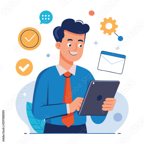 Man holding and using digital tablet computer. Tablet computer concept illustration. Vector illustration in cartoon style.