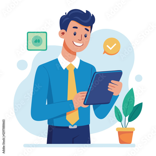 Man holding and using digital tablet computer. Tablet computer concept illustration. Vector illustration in cartoon style.