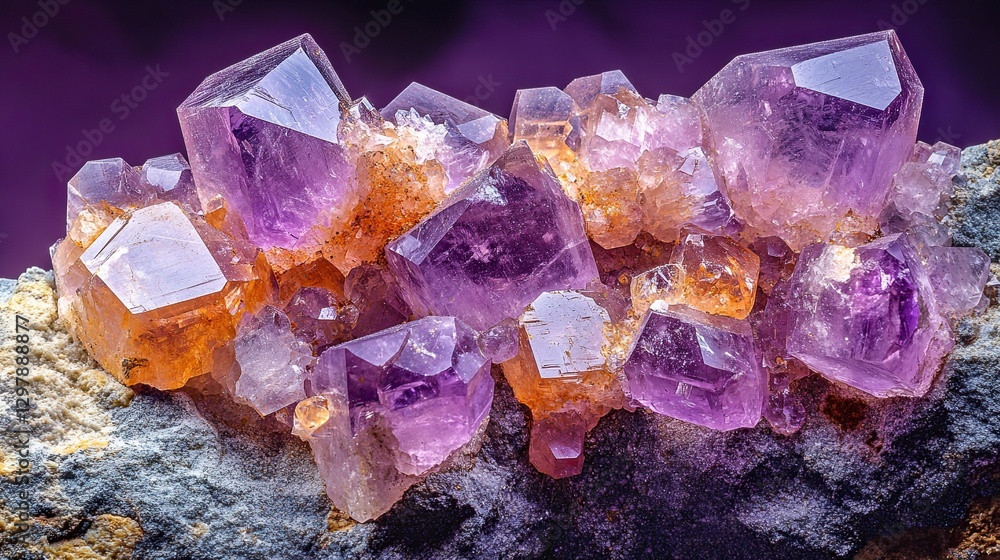 A close-up of amethyst crystals on a deep purple surface. A close-up of amethyst crystals on a deep purple surface.