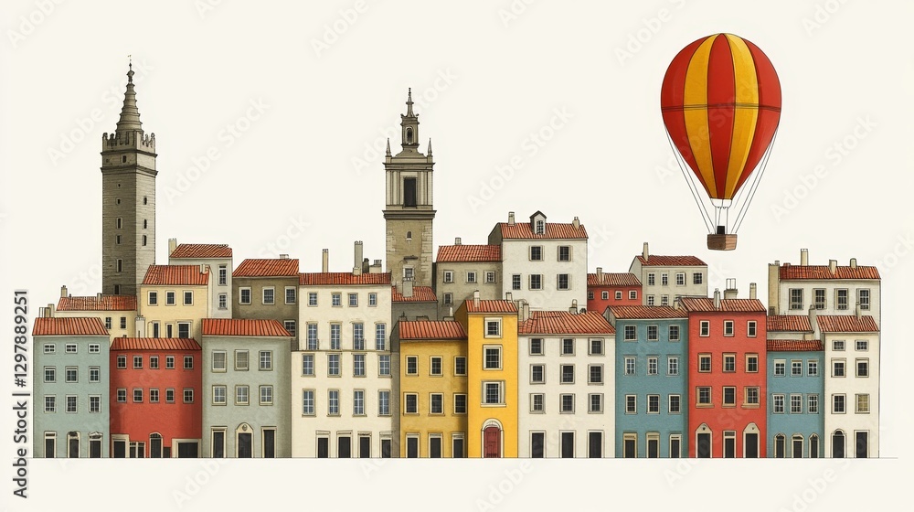 Whimsical cityscape with colorful buildings and a hot air balloon floating above a charming european town illustration vintage painting Whimsical cityscape with colorful buildings and a hot air balloon floating above a charming european town illustration vintage painting