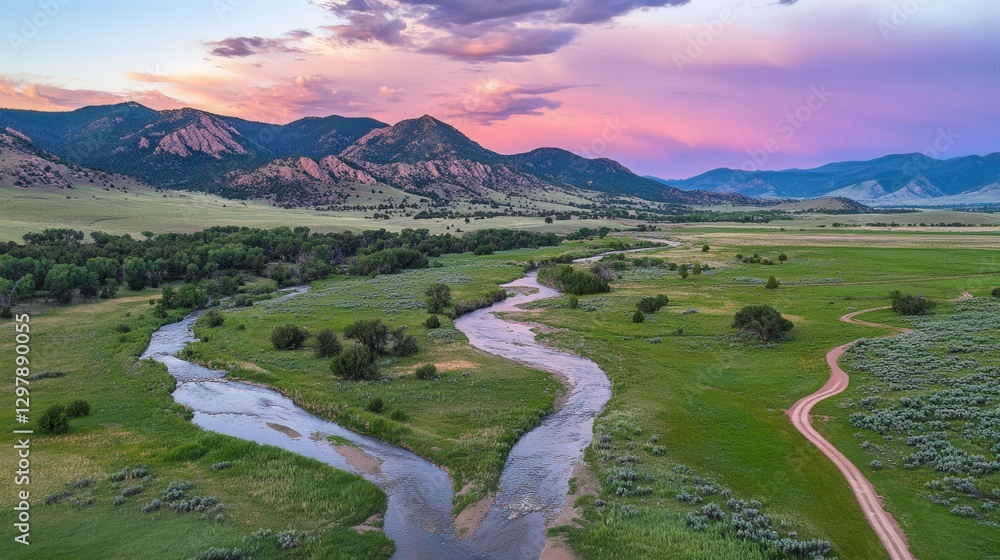 Naklejka premium Inviting River Trails Under Golden Hour Lighting
