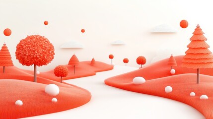 Papier peint photo Corail Surreal pixelated autumn landscape with coral trees and white clouds generating a soft fantasy background for dreamy imagination concept  © Artajar