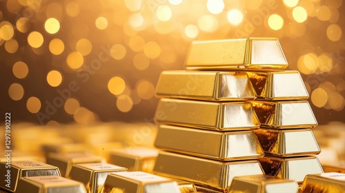 A large pile of gold bars showcasing their luster and richness in a luxurious setting under bright light