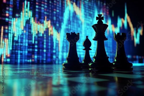 Chess board image under dim light There are three important pieces. The background has a glowing holographic stock market chart. It emphasizes the power of strategic thinking in financial success. photo