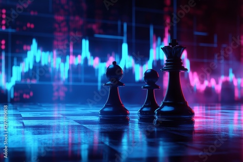 Dark chessboard with three chess pieces.  Bathed in dramatic light, in the background, a stock market chart is trending up.