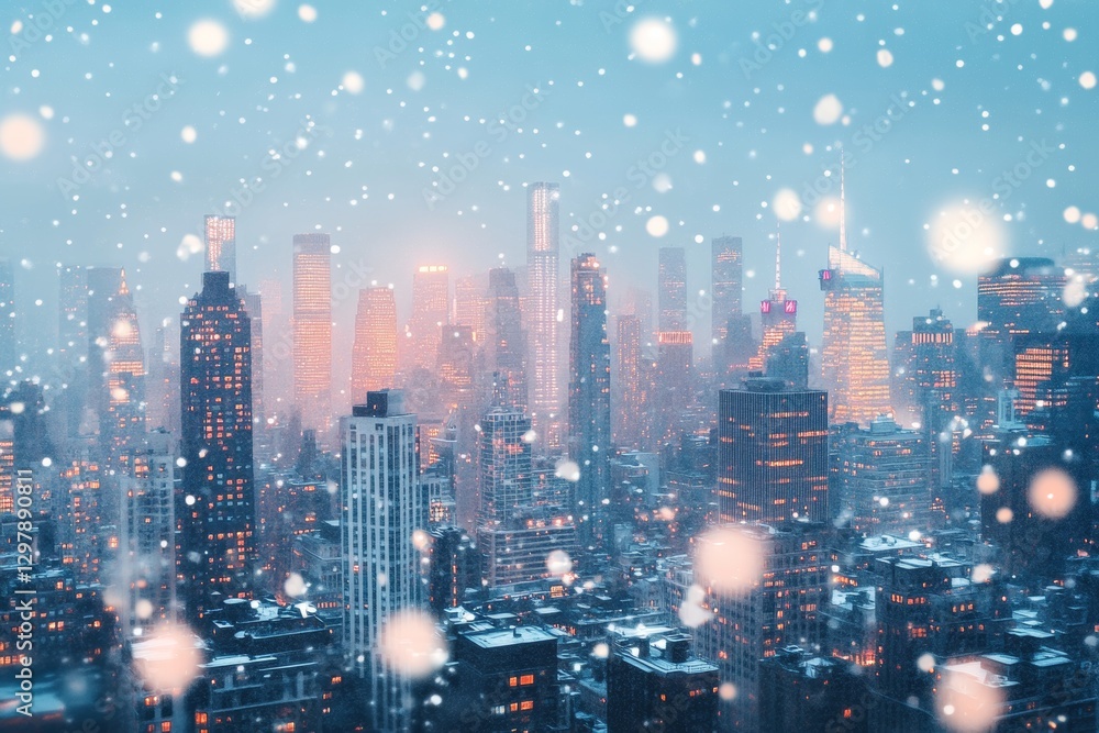 Fototapeta premium Magical winter city skyline covered with fresh snow. With skyscrapers covered in white.