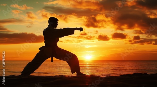 Martial artist silhouetted against an ocean sunset, striking a powerful stance in warm golden light.